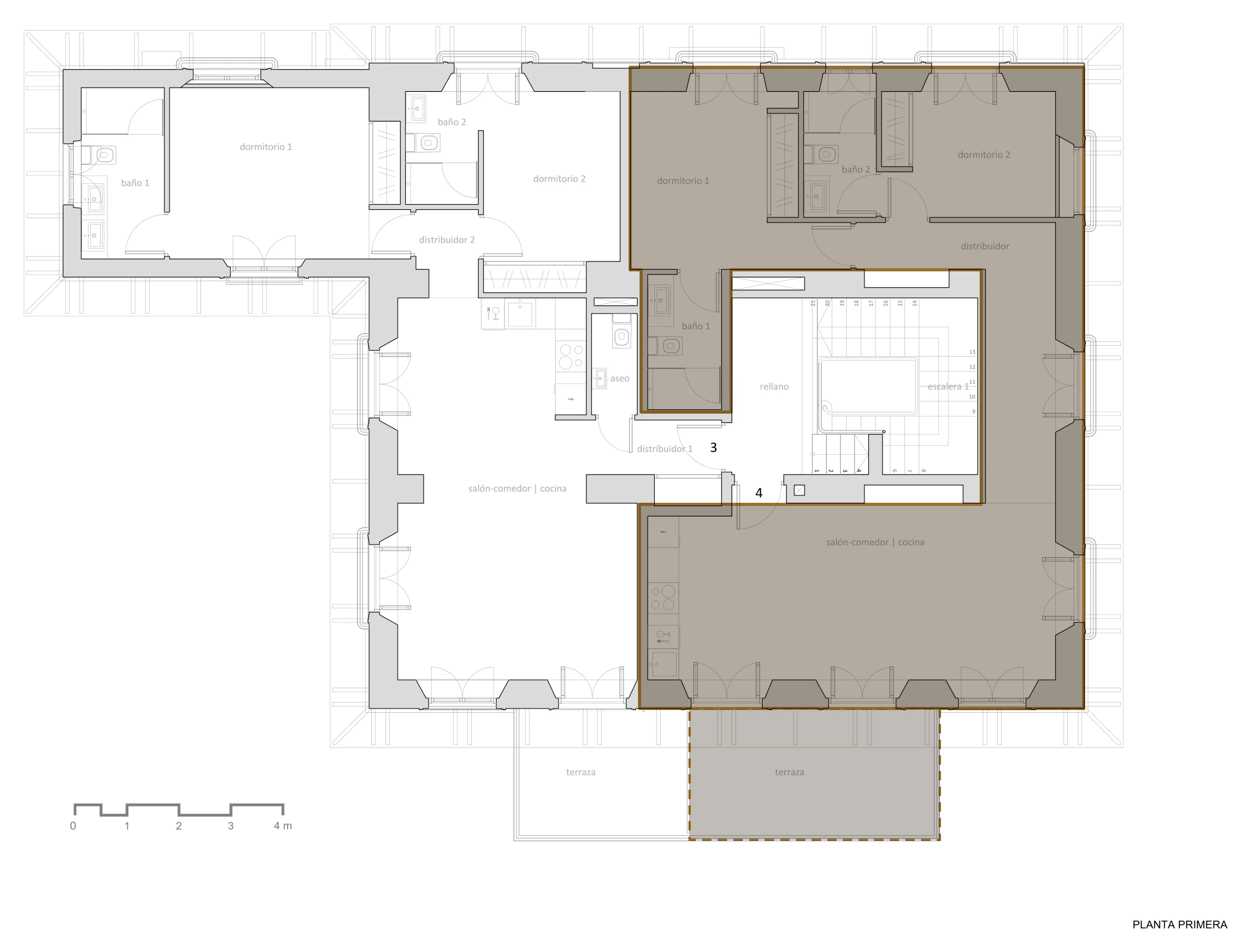 Architect's first-floor plan of Palacete 10, Málaga, with the Aurum residence highlighted beside the landing, the main staircase and the second first-floor residence