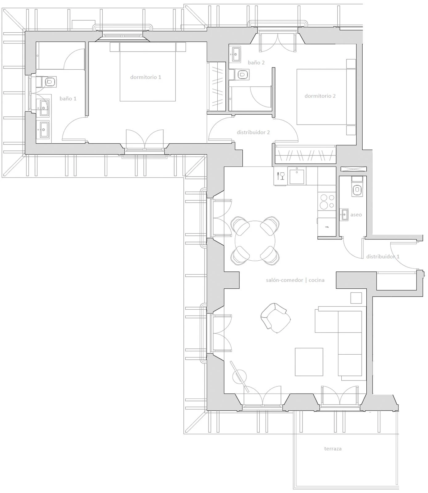 Furnished floor plan of Azuri at Palacete 10, Málaga: two double bedrooms with their own bathrooms, a guest WC, an open living, dining and kitchen space, and the terrace