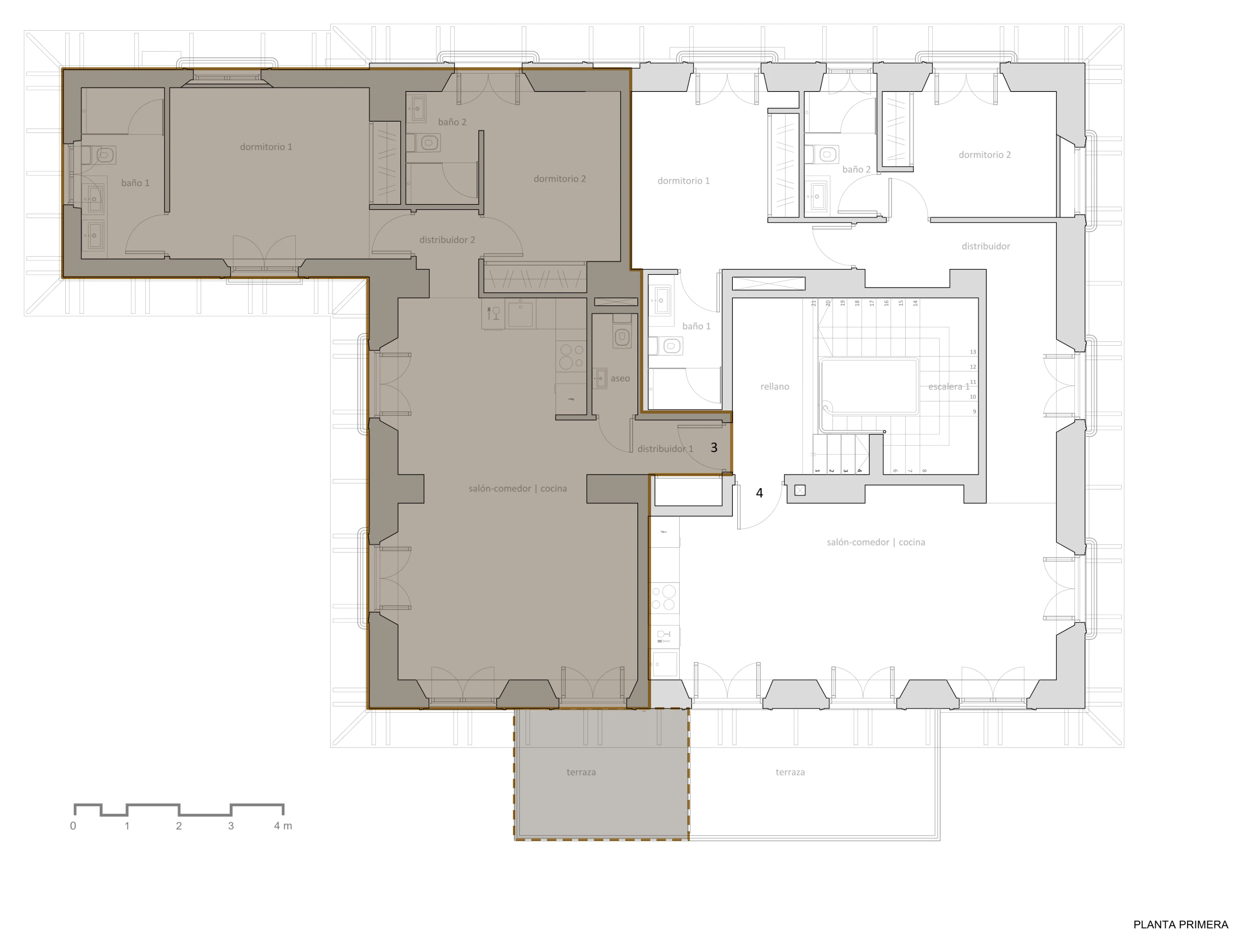 Architect's first-floor plan of Palacete 10, Málaga, with the Azuri residence highlighted beside the landing, the main staircase and the second first-floor residence
