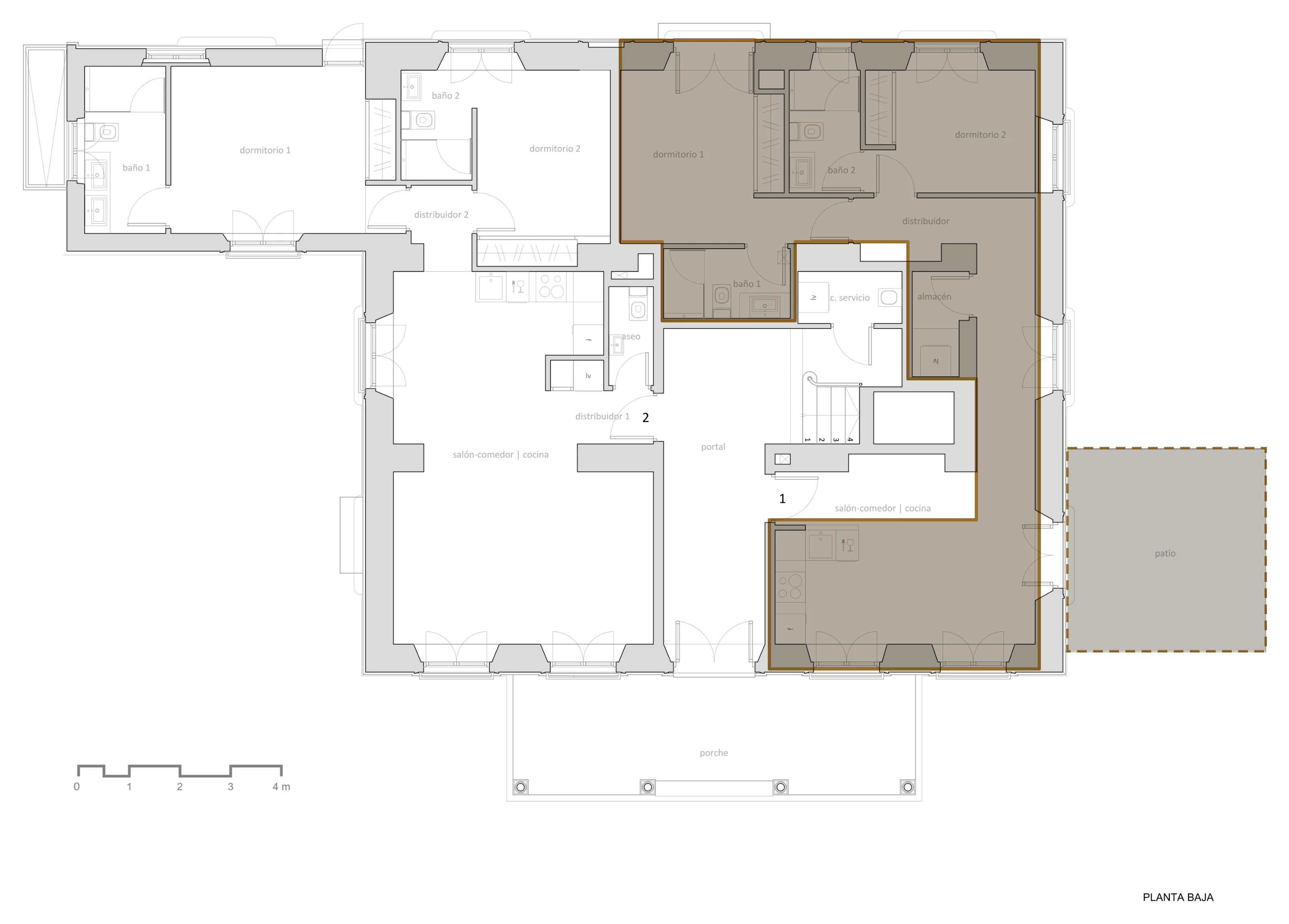 Architect's ground-floor plan of Palacete 10, Málaga, with the Oliva residence highlighted beside the entrance hall and the second ground-floor residence