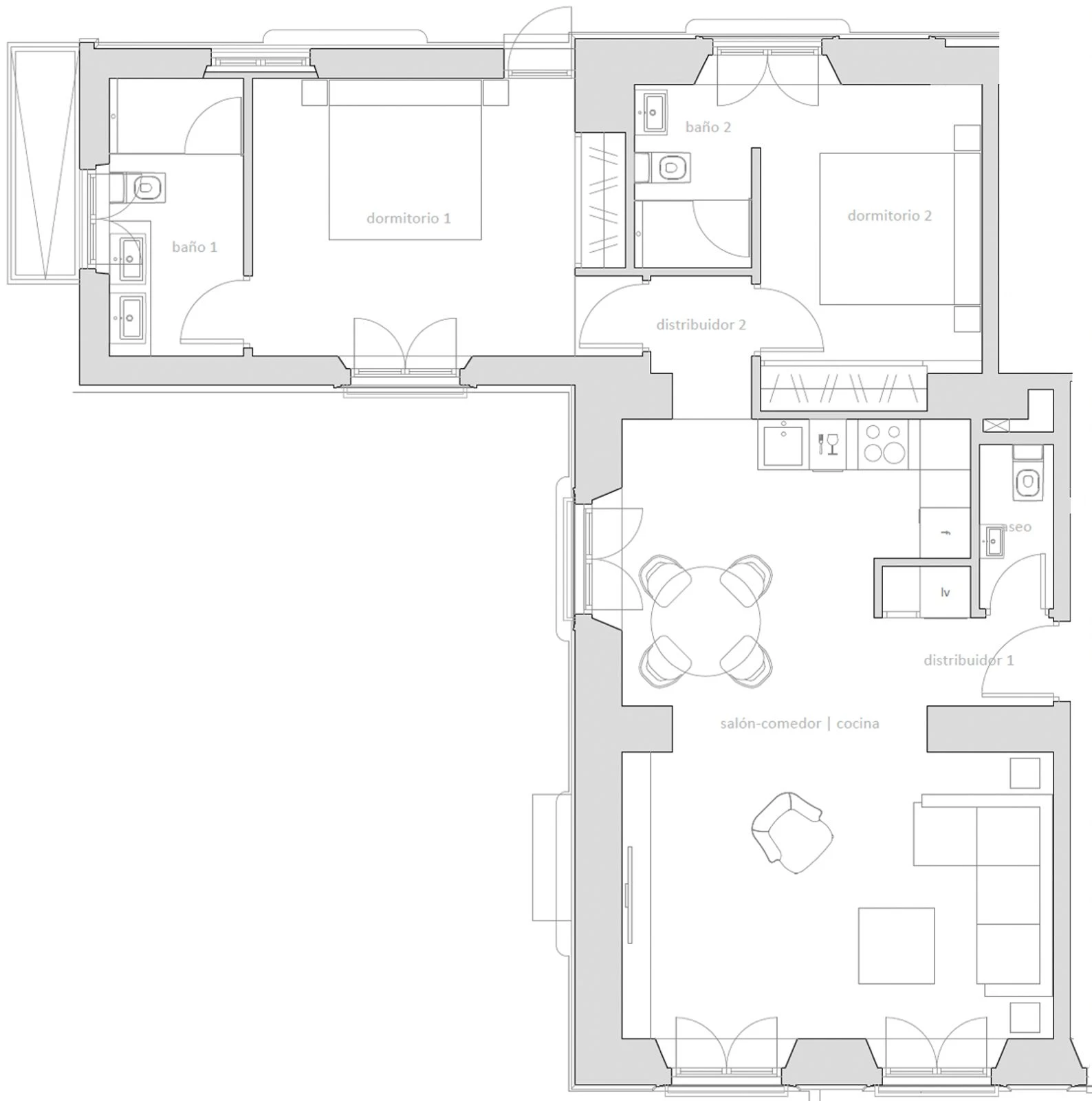 Furnished floor plan of Vino at Palacete 10, Málaga: two double bedrooms with their own bathrooms, a guest WC, a laundry and an open living, dining and kitchen space
