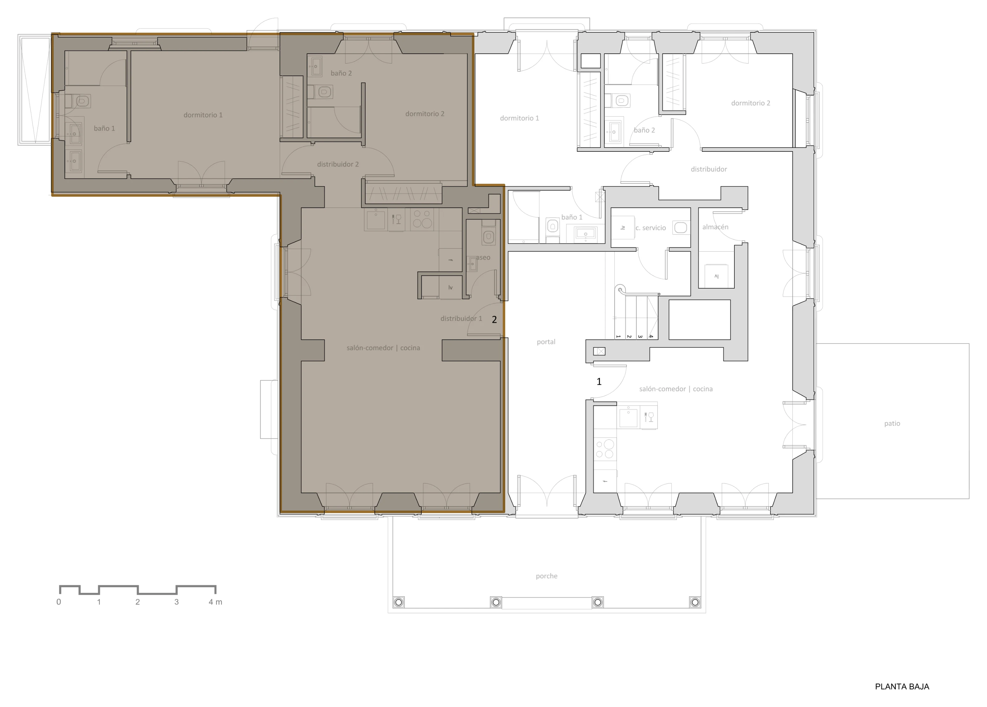 Architect's ground-floor plan of Palacete 10, Málaga, with the Vino residence highlighted beside the entrance hall and the second ground-floor residence