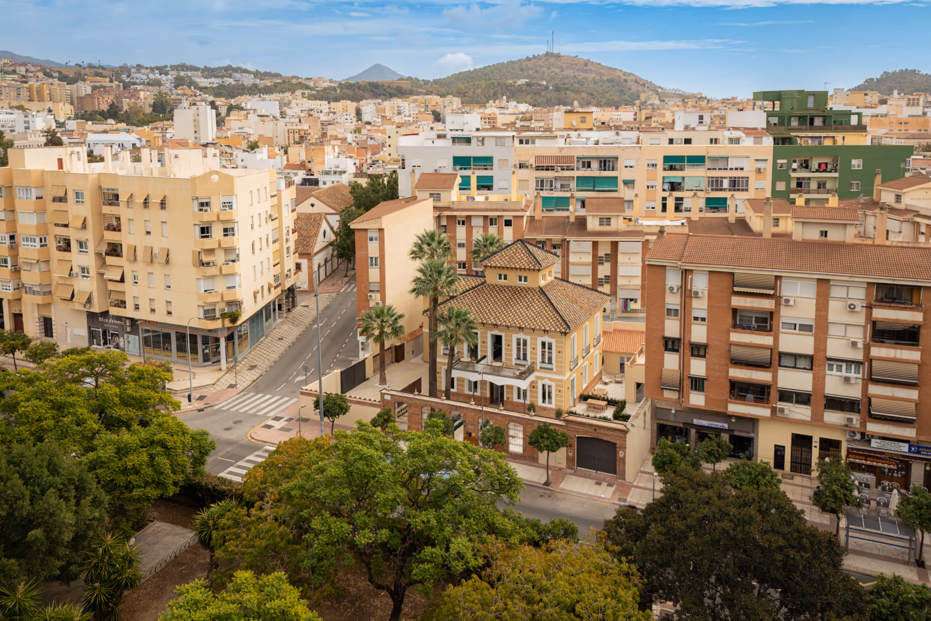 An aerial view of the Palacete 10 villa, surrounded by palm trees in its Málaga neighbourhood, with hills in the distance