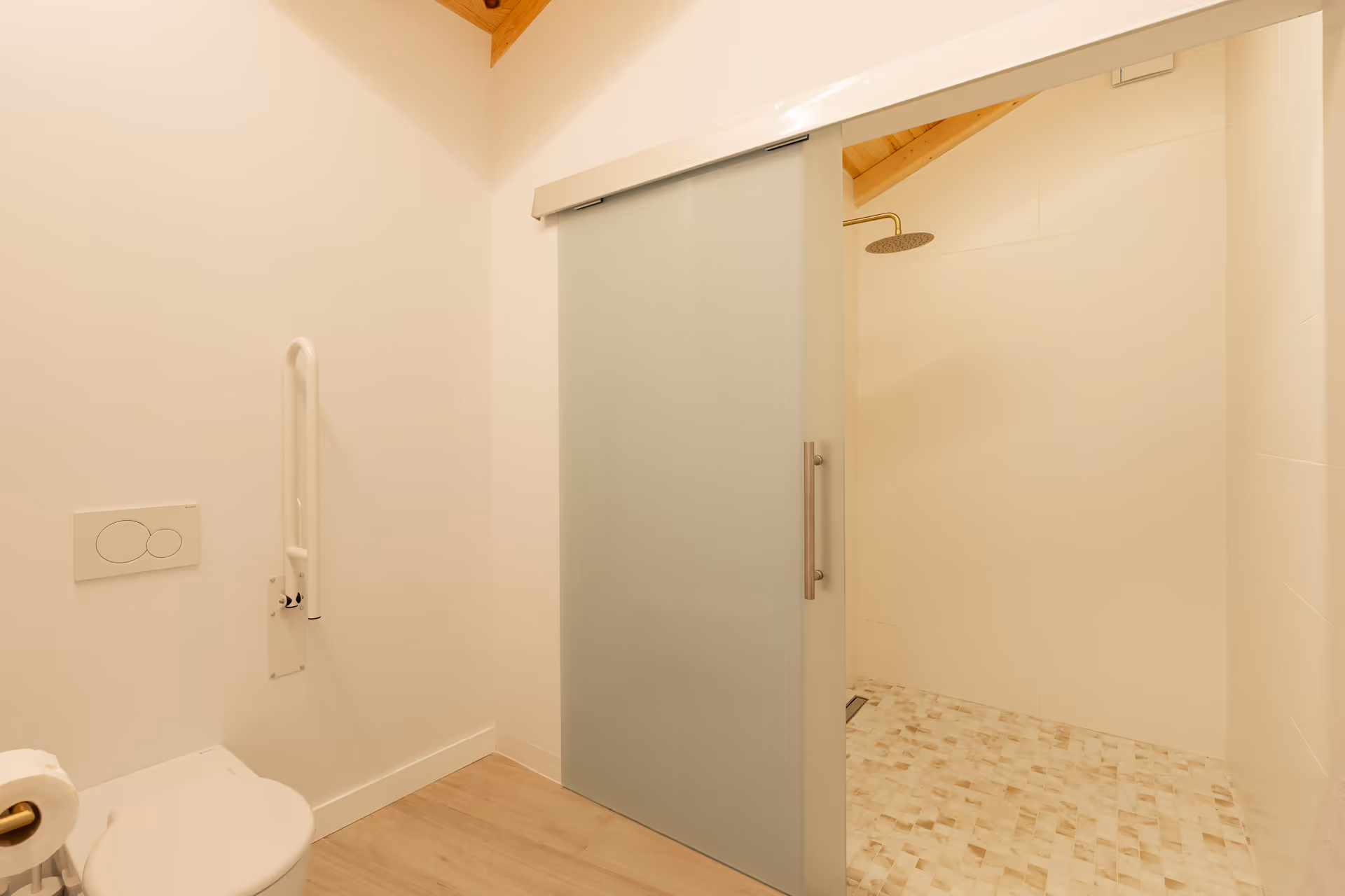 Accessible bathroom in the Toro residence with a toilet, grab rail, and a walk-in shower with a rain head