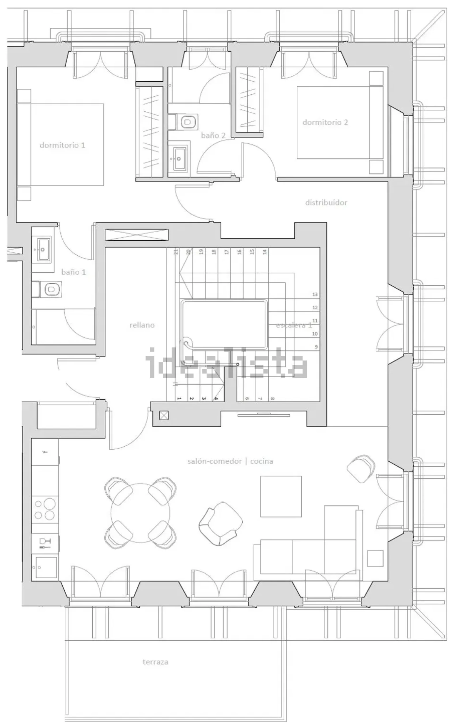 Furnished floor plan of Aurum at Palacete 10, Málaga: two double bedrooms, two bathrooms, an open living, dining and kitchen space, and the terrace off the living room