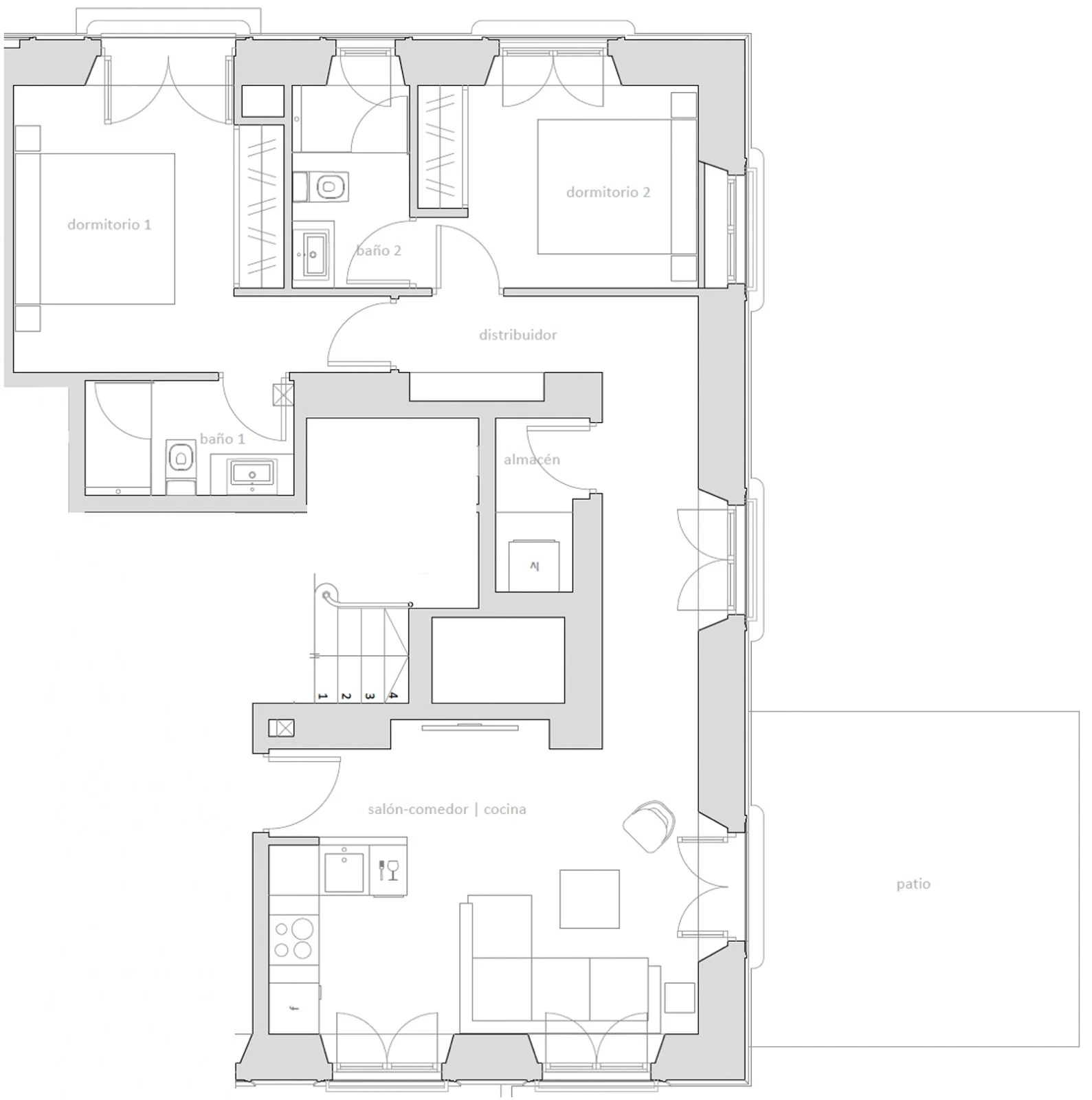 Furnished floor plan of Oliva at Palacete 10, Málaga: two double bedrooms, two bathrooms, a store room, an open living, dining and kitchen space, and the patio alongside