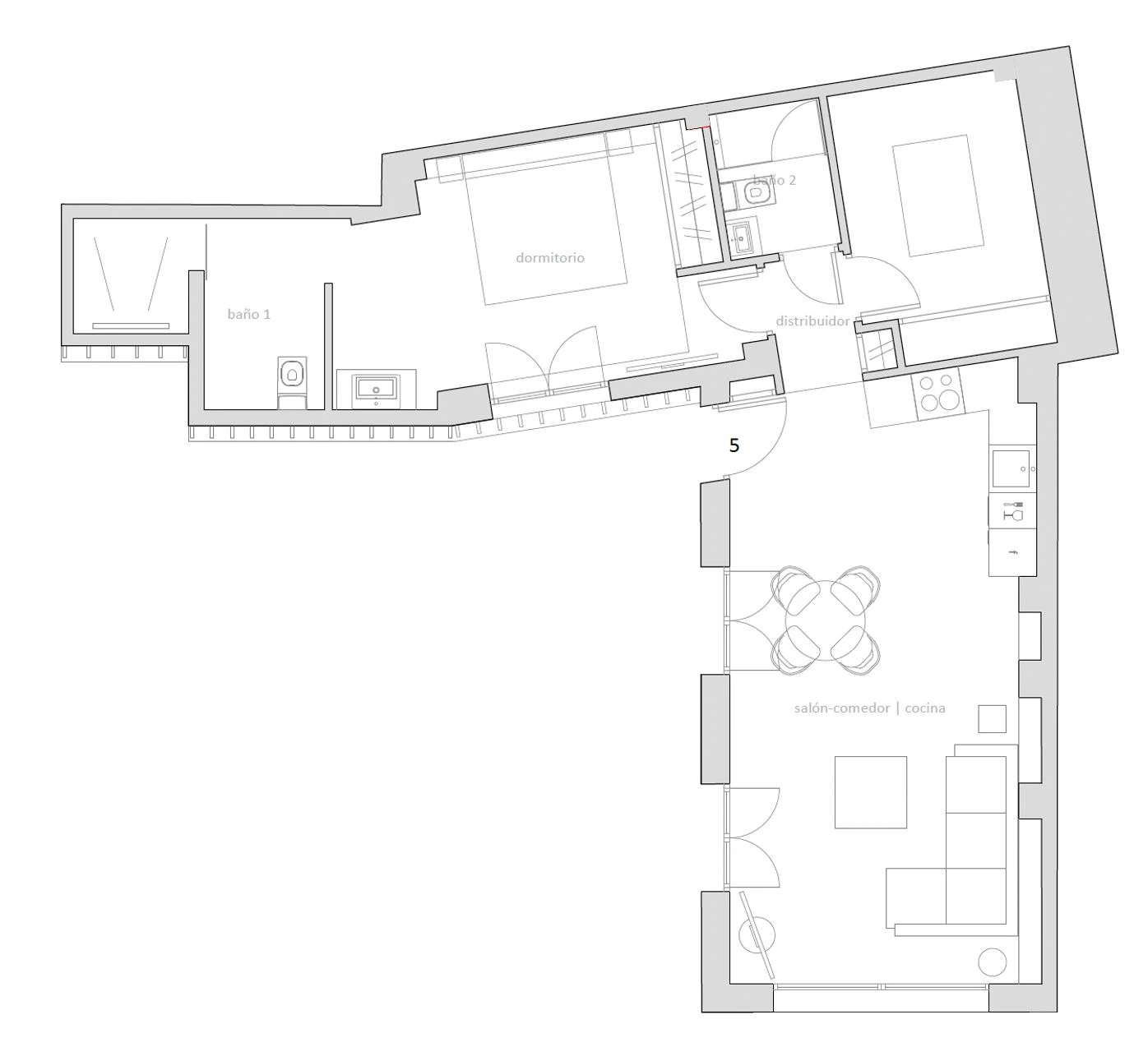 Furnished floor plan of Toro, the accessible residence at Palacete 10, Málaga: one double bedroom, a flexible second room, two bathrooms and an open living, dining and kitchen space on one level