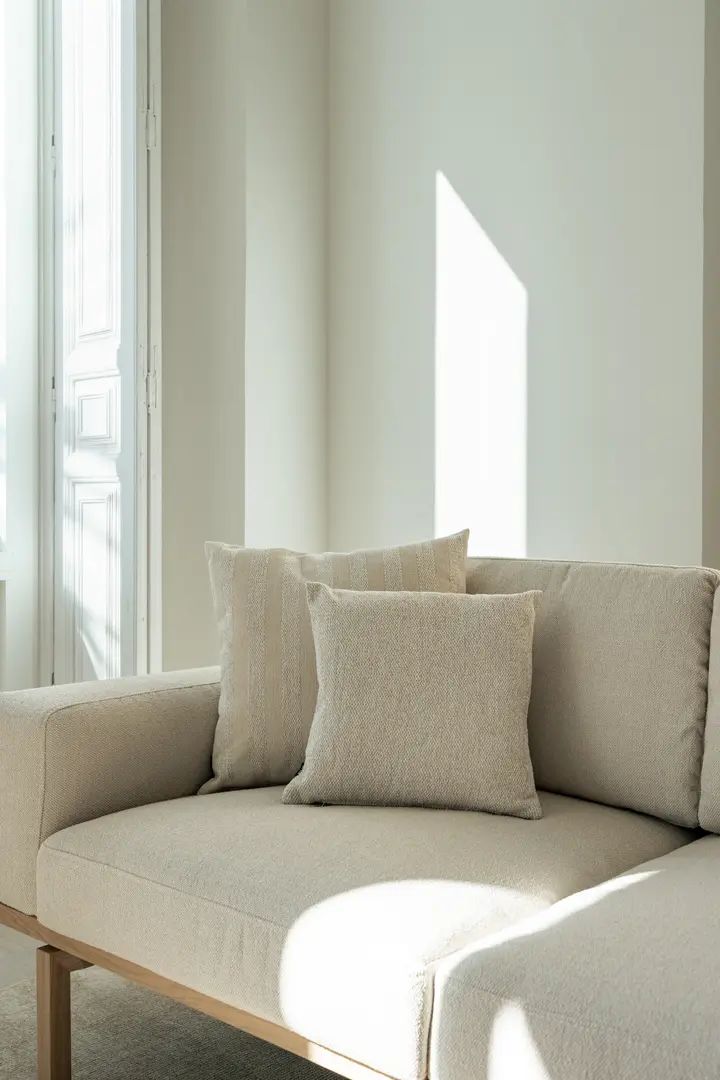 Detail of a beige fabric sofa with matching cushions in the Azuri residence, with bright sunlight from a window