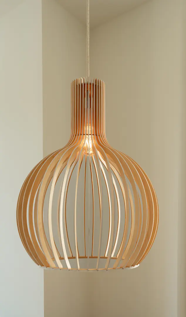 Close-up of a contemporary pendant lamp in residence Azuri, with a slatted light wood shade and a warm filament bulb
