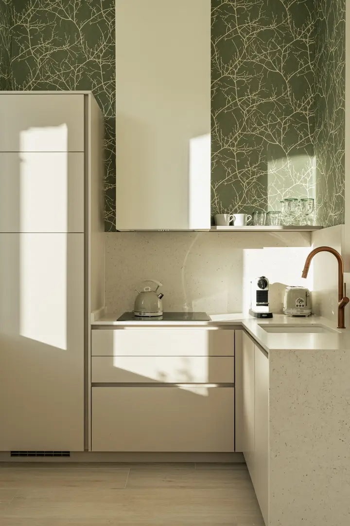 A sunlit corner of the modern kitchen in the Oliva residence, with beige units, a copper tap, and dark green wallpaper